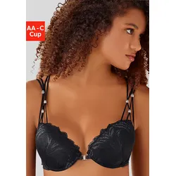Push-up-BH NUANCE, Damen, Gr. 85, Cup A, schwarz, Spitze, Obermaterial: 60% Polyamid, 35% Polyester, 5% Elasthan, sexy, BHs Schalen-BH Push-up-BH BH Spitzenwäsche Spitzen-BH, mit Trägern in Bänderoptik und Metallperlen im Antiklook, sexy Dessous