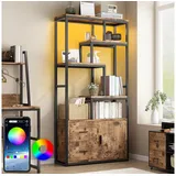 Mihtrov Bücherregal Standregal, Bücherschrank mit LED-Beleuchtung, 1-tlg., mit 5 offenen Regalebenen, 2 Schubladen, 1 Schrank, 30x 80x174cm braun|schwarz 80 cm x 174 cm x 30 cm