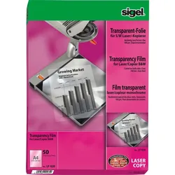 Sigel S/W-Laser/-Kopier-Folie transparent A4 100qm klar beschichtet stapelverarbeitbar VE=50 Blatt