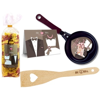 Geschenkset zur Hochzeit 4-teilig mit Pfannenwender zum auswählen/Hochzeitsgeld zum verbraten/Mr & Mrs/zum Geld verschenken/Geldgeschenk Hochzeit (Mr&Mrs)