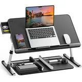 SAIJI Laptoptisch Betttisch, SAIJI 100% E0 Eco Holzplatte Verstellbarer Betttisch, mit Schublade, klappbare Beine, 40kg Belastung, Tischplatte aus PVC-Leder Lesen,Essen für Bett und Sofa