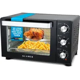 KLAMER Minibackofen mit Umluft (30 Liter), 6 Backfunktionen, 70-230°C, 120 min. Timer, Mini-Ofen inkl. Drehspieß, Grillgitter, Grillrost und Krümelblech, 1.500 W, Pizza Ø30cm, Schwarz
