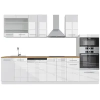Vicco Küchenzeile Weiß Hochglanz/Weiß 300 cm mit Hochschrank, AP