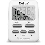 Mebus Funkwecker mit Temperaturanzeige in Reisegröße, Funkuhr (DCF77), Zwei Weckzeiten, Alarm mit Weckwiederholung (Snooze), Datum, Wochentag, Displaybeleuchtung, Farbe: Weiß, Modell: 25800