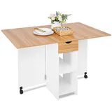 Mondeer Esstisch Klappbar, Küchentisch mit Schublade und Ablagen für 2-4 Personen, Klapptisch Esszimmertisch mit Rollen für Kleine Räume, Esszimmer, Küche, 72 x 120 x 75 cm, Weiß und Roteiche