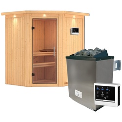 Karibu Sauna Taurin mit Eckeinstieg 68 mm -9 kW Ofen inkl. Steuergerät-Inkl. Dachkranz-Klarglas Ganzglastür