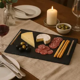 hausleben Schiefer Servierplatte 40x30 cm – Käseplatte, Antipasti Servierbrett mit Edelstahlgriffen, Naturstein, rustikale Servierplatte für Snacks & Fin...
