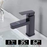 LED Waschtischarmatur Schwarz Wasserhahn Bad Waschbecken Mischbatterie Einhebel Kalt und Heißwasser Wasserfall Waschtischarmatur mit Digitaler Anzeige
