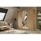 altdecor Schiebetürenschrank VOXI (Kleiderschrank Garderobenschrank mit viel Stauraum Moderner Schrank) Spiegel Spiegeltüren Vielseitiger Schwebetürenschrank LED Beleuchtung braun 61 cm x 216 cm x 200 cm