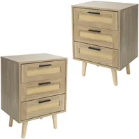 ML-Design 2xNachttisch mit 3 Schubladen, Beistelltisch Rattan Nachtkommode Eiche