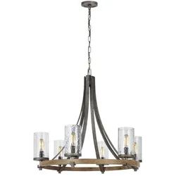Licht-Erlebnisse Kronleuchter CADIZ Schiefergrau, Transparent, Eiche verwittert, Stahl, Holz, gewelltes Glas, 6x E27 bis 60W LE121020