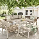 Handgefertigte Gartenbank für 7 Personen mit Armlehnen / Robuster Stahlrahmen und beige Kissen / Vollständig mit Tisch (Holzoptik Glas) & 2 Sesse... - Beige