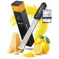 brendo Premium Zester Reibe I Käsereibe Schwarz I Edelstahlklinge I Knoblauchreibe, Muskatnuss Reibe, Zitronenreibe, Ingwerreibe, Parmesanreibe I Fingerschutz, Schutzhülle &