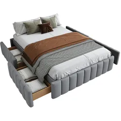 Merax Polsterbett 140 x 200 cm Bettgestell Einzelbett Doppelbett Designbett mit Lattenrost (Ohne Matratze) Bettrahmen, Kein Kopfteil, Grau