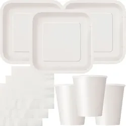 Party Deko Set weiss Einweggeschirr für 14 Personen eckige Teller, Becher, Servietten Hochzeit Geburtstag