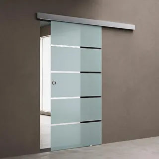doporro Glasschiebetür Komplettset 77,5 x 205 cm | 15mm Wandabstand | Schiebetür mit ESG-Sicherheitsglas | Zimmertür Glas mit 5-Milchglas-Streifen und Muschelgriff | Amalfi-plus 11