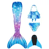 FOLOEO Meerjungfrauenflosse Mädchen Kinder Meerjungfrauenschwanz Zum Schwimmen mit Meerjungfrau Flosse und Bikini Set(4 Stück Set) - 120