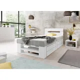 Lermowood Palettenbett M2 aus Holz 120 x 200 cm Weiß mit Kopfteil und 2 Bettkästen Holzbett 30cm Stabiles Seniorenbett Kinderbett Jugendbett Gästebett erhöhtes Bettgestell Futon Komforthöhe Naturholz