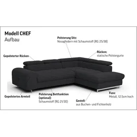 Cotta Ecksofa "Chef L-Form", grau, B:257cm H:72cm T:206cm, Luxus-Microfaser (100% Polyester);Kunstleder Softlux;Leder Advantage (abgedecktes Spalt-Rindsleder), Rückseite mit schwarzem Spannstoff bezogen;NaturLEDER (echtes Rindsleder), Rückseite mit schwarzem 