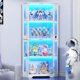 BROTTAR Eckvitrine mit Glastüren, Tall 165cm Eck Bücherregal mit 3 Farben Led Beleuchtung, 4-Ebenen Vitrinenschrank mit Intelligente Sensorik für Wohnzimmer Schlafzimmer Büro, Weiß