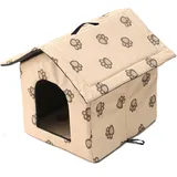 Katzenhaus Outdoor, Katzenhöhle für Draußen, Katzenhaus Für Draußen Winterfest Wasserdicht, Welpenhütte im Freien, Mit abnehmbarem Transparentem Vorhang (S, Beige)