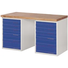 tecwerk Werkbank Holz/Stahl B1500xT700xH840mm Lichtgrau/Blau 12 Schubladen