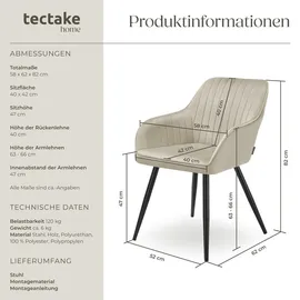 Tectake tectake® Esszimmerstuhl, gepolstert, in Samtoptik, gesteppt schlanke Stahlbeine, 58 x 62 x 82 cm