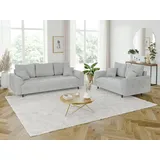 s-style möbel Set Sofa 3 Sitzer 2 Sitzer Couch 2 Stück Holzfüße Braun Freistehend Chenille Stoff Bjorn Hellgrau