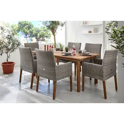 Ploß Borneo/Kota Garten-Essgruppe, natur/grau-meliert, Akazie/Alu/Polyrattan, 180x90cm, 6 Landhaussessel, FSC-Akazie