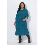 Ulla Popken Damen große Größen Übergrößen Plus Size Maxikleid, Animal, A-Linie, V-Ausschnitt, 3/4-Arm azurblau 58+ 847072746-58+ - 58-60