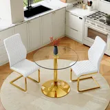 3-teiliges Tisch-Set Esstisch 85cm Sicherheitsglas gold Metall 2 PolyurethanSessel weiß gold Rautenmuster modern minimalistisch Gold - Gold