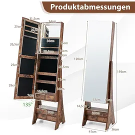 Costway Schmuckschrank mit LED, Spiegelschrank 360° drehbar, mit rahmenlosem Ganzkörperspiegel, Schmuck-Organizer abschließbar, Schmuckaufbewahrung Braun