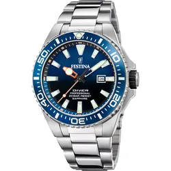 Taucheruhr FESTINA "Diver Collection", silber (silberfarben, blau, schwarz), Armbanduhren, Armbanduhr, Herrenuhr, Taucheruhr, Silikonarmband, Datum