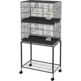 PawHut Stehender Vogelkäfig Doppelvoliere mit Futternäpfen Sitzstangen herausnehmbarem Tablett Regal Griff und Rollen - aus Stahl in Schwarz 77L x 46B x 164H cm   Aosom