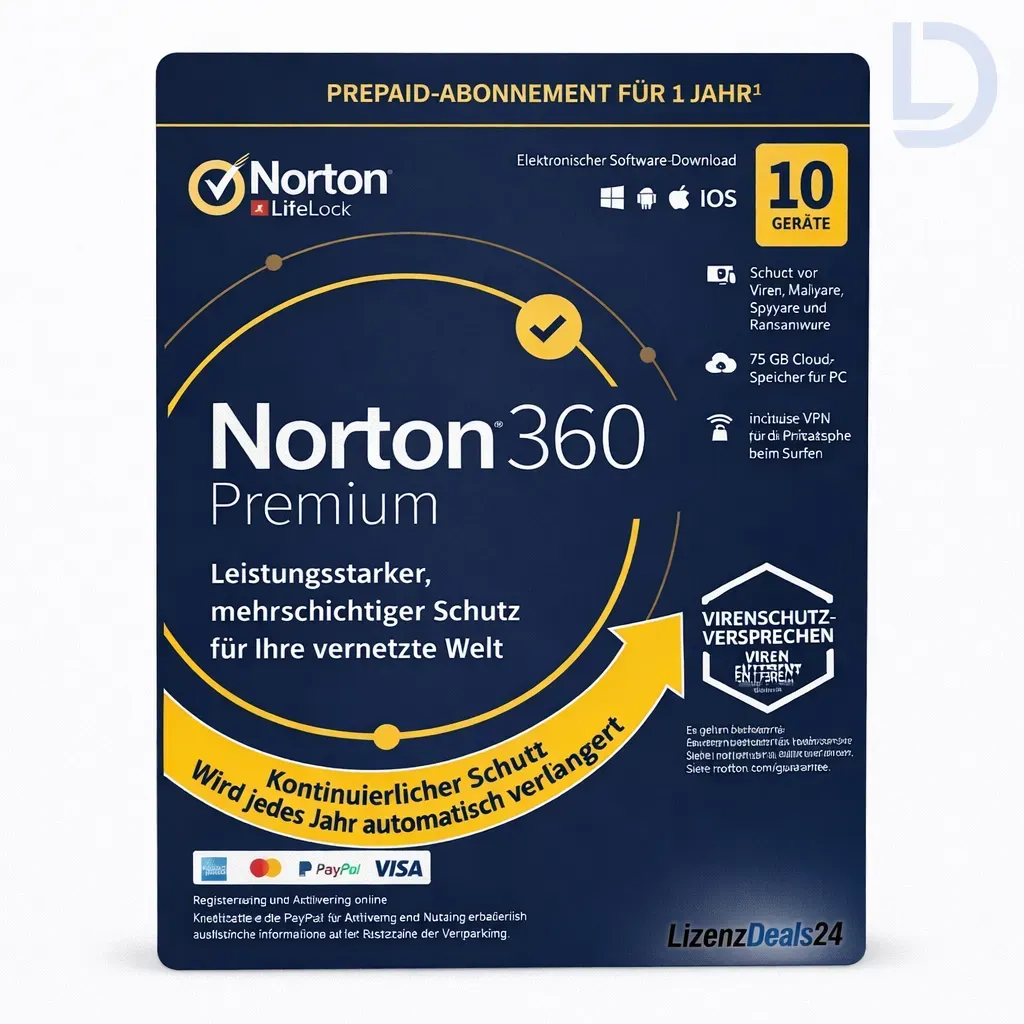 Norton 360 Premium | 10 Geräte | 1 Jahr Laufzeit | Antivirus & VPN Sicherheitslösung