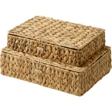 StorageWorks Großer Wasserhyazinthe Korb mit Deckel, geflochtene Aufbewahrungsbox mit Deckel, Handgemachte Weidenkörbe, Flache Aufbewahrungskorb mit Deckel, Dekorativ Rattankorb für Regale, 2 Stück
