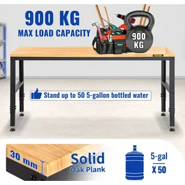 Vevor Höhenverstellbare Werkbank 135 x 46 x 72 - 97 cm Spanntisch, 900 kg Gewichtskapazität Arbeitstisch, Braun Klappbare Werkzeugbank aus Kaltgewalzter Stahl, Multifunktionswerktisch für Lager & Büro