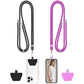 COCASES Handyband Universal zum Umhängen- 2 Stück Handyband aus Nylon kompatibel mit jeden Smartphones, Handygurt Umhängenband mit Kordel (Schwarz/Violett)