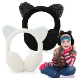 WIYETY 2 Stück Winter Ohrenschützer, Plüsch Ohrenwärmer Mädchen, Ohrenschützer Kinder, Süße Katzenohren Ohrenschützer, Kältebeständig Earmuffs Warme Ohrwärmer für Outdoor Aktivitäten (Schwarz+Weiß) - Durchmesser 12,5 cm