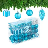 Relaxdays Weihnachtskugeln 71er Set, glitzernde, matte & glänzende Baumkugeln, Stiefel, Herz, Zapfen, Kunststoff, petrol