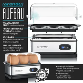 Arendo 2-teiliges Frühstücksset, Langschlitz 4-Scheiben Toaster MANHA, 6er Eierkocher, Silber