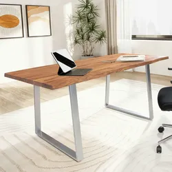 Kadima Design Schreibtisch Massivholz Baumkante Industrial  200x100 cm Akazie Premium mit Chromgestell  Goldbraun  Handarbeit  Tarn Kollektion