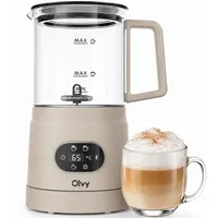Olvy Elektrischer Milchaufschäumer aus Glas 4-in-1, 500 W, Temperaturanzeige, 160 ml Milchschaum, 400 ml Milcherhitzung, Heiß- & Kaltschaum, Beige - Beige