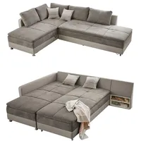 luma-home Federkern Ecksofa 306x223 cm Boxspring Topper, Schwenkteil rechts, Kunstleder Beige+Mikrofaser Grau Braun, / 15102