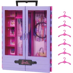 Barbie Kleiderschrank mit Tragegriff (lila/rosa) ausklappbar mit Zubehör