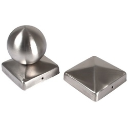 Pfostenkappen Edelstahl – 9 x 9 cm, gebürsteter Edelstahl, Pyramide & Kugel, mit Montagelöchern, rostfrei, idealer Schutz für Holzpfosten