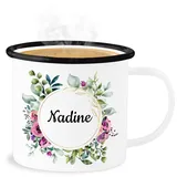 Emaille Becher Blechbecher - Boho - Dein Name in Blumenkranz - 300 ml - Weiß Schwarz - bohemian tasse individuell tassen bedrucken personalisierte geschenke schulkind names kindergarten chic stil