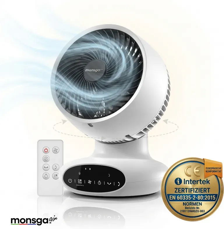Monsga AC100 Luftzirkulator, 25dB extrem leise, 90°+90° Doppeloszillation, 5 Geschwindigkeiten, Mehrfach-Timer, Schlafmodus, kompakter Ventilator für Haushalt