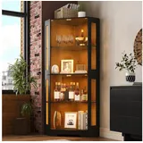 Flieks Glasvitrine Eckschrank Hochschrank mit LED-Beleuchtung, 4 Ebenen, Glastüren (56x36,5x165 cm, 1-St., Wohnzimmerschrank Küchenschrank) multifunktional Eckvitrine mit verstellbarer Ablagen Mehrzweckschrank schwarz