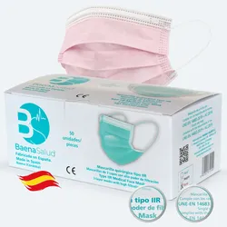 Baena Salud 50 Einweg-Schutzmasken chirurgisch, Typ IIR, in rosa Farbe, Filtration (BFE) 98%, hergestellt in Spanien